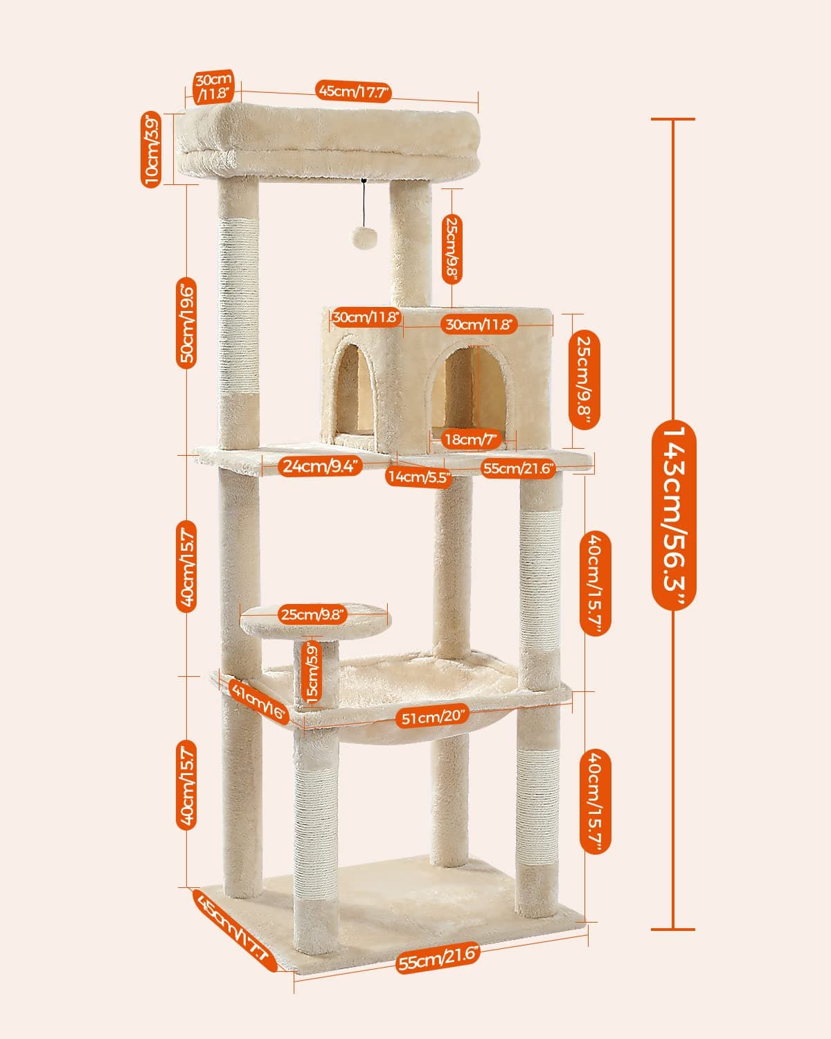 PAWZ Road 143cm Cat Tree for Indoor Cats with Metal Frame Large Hammock, 56.3 Inches Big Cat Tower with Scratching Posts and Top Perch, 4.7ft Multi-Level Activity Center with Replaceable Pompon, Beige — view 2