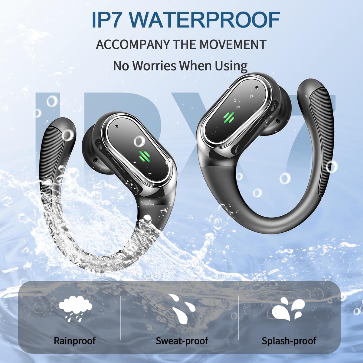 Auriculares inalámbricos Bluetooth Deportivos, Auriculares Bluetooth 5.4 HiFi Estéreo con 4 HD Mic, 50H Cascos Inalambricos con Cancelacion Ruido ENC, IP7 Impermeable Cascos para Running/Pantalla LED — view 6