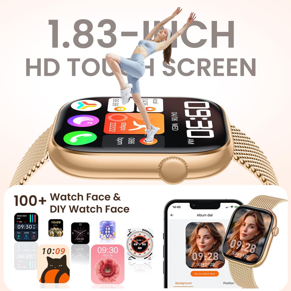 Smartwatch Mujer Reloj Inteligente con Llamada: 1.83'' Digital Smart Watch con Bluetooth Impermeable IP67 Monitor de Estrés Frecuencia Cardíaca Sueño Modo Deportivo 3 correas de reloj para Android iOS — view 3