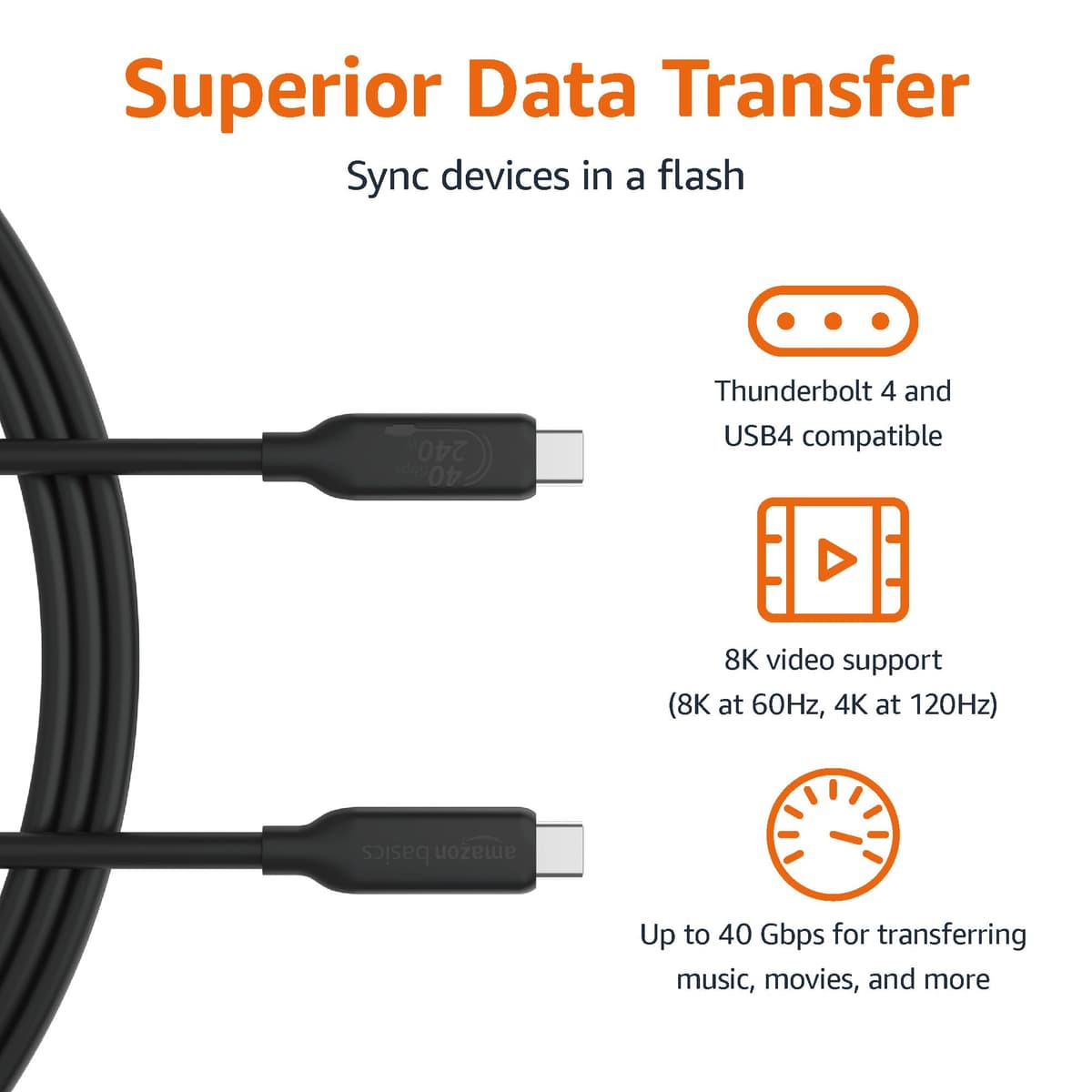 Amazon Basics USB-C to USB-C 4 Fast Charger Cable, 40 Gbps, 8K Video, 240W, USB-IF Cert, Thunderbolt 4/3 Compatible, for Apple iPhone 16/15, iPad, Samsung Galaxy, Tablets, Laptops, 1 m, Black — view 2
