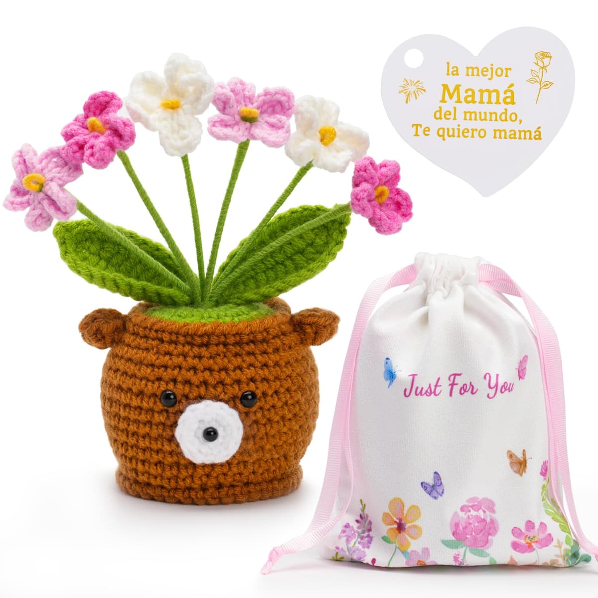 Regalo Día de la Madre, Regalo Mamá Flores de Crochet Ositos Peluche, Regalo Cumpleaños Madre, Tarjeta de Regalo Adjunta - la mejor Mamá del mundo, Te quiero mamá, Bolsita con Estampado Delicado — view 2