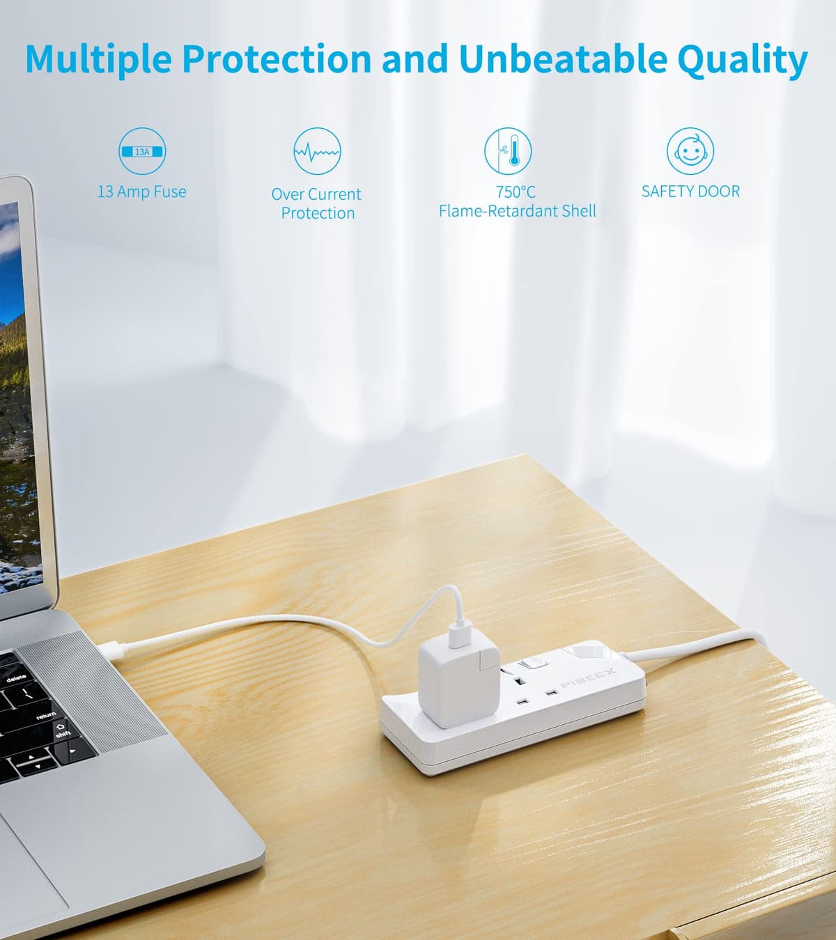 PIBEEX Extension Lead 2 Way Plug Sockets with Individual Switches Wall Mountable Power Strip 3M Extension Cable 13A Fused UK Plug 3250W — view 2