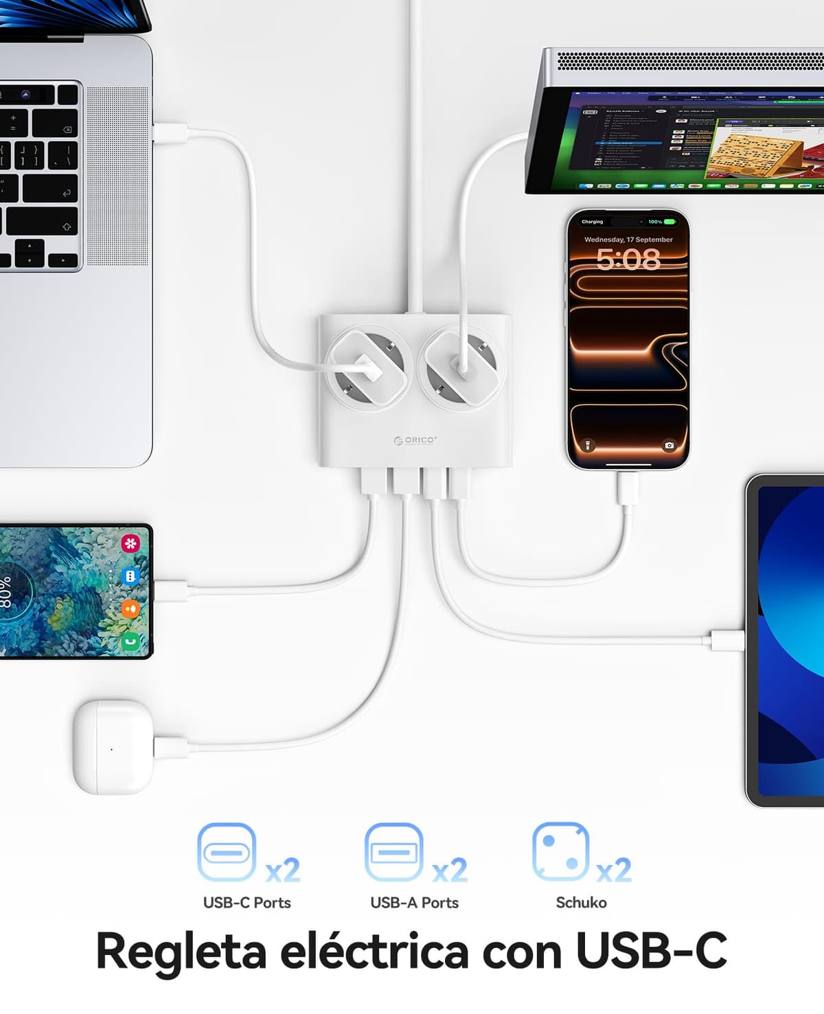 ORICO PowerBrick 6-in-1 Power Strip Sockets White – 2 AC Outlets + 4 USB (2 USB-C PD), Quick Charge 25W GAN, Cable 1.6 m, 2500 W MAX for Home, Office, Table (PDC) — view 2