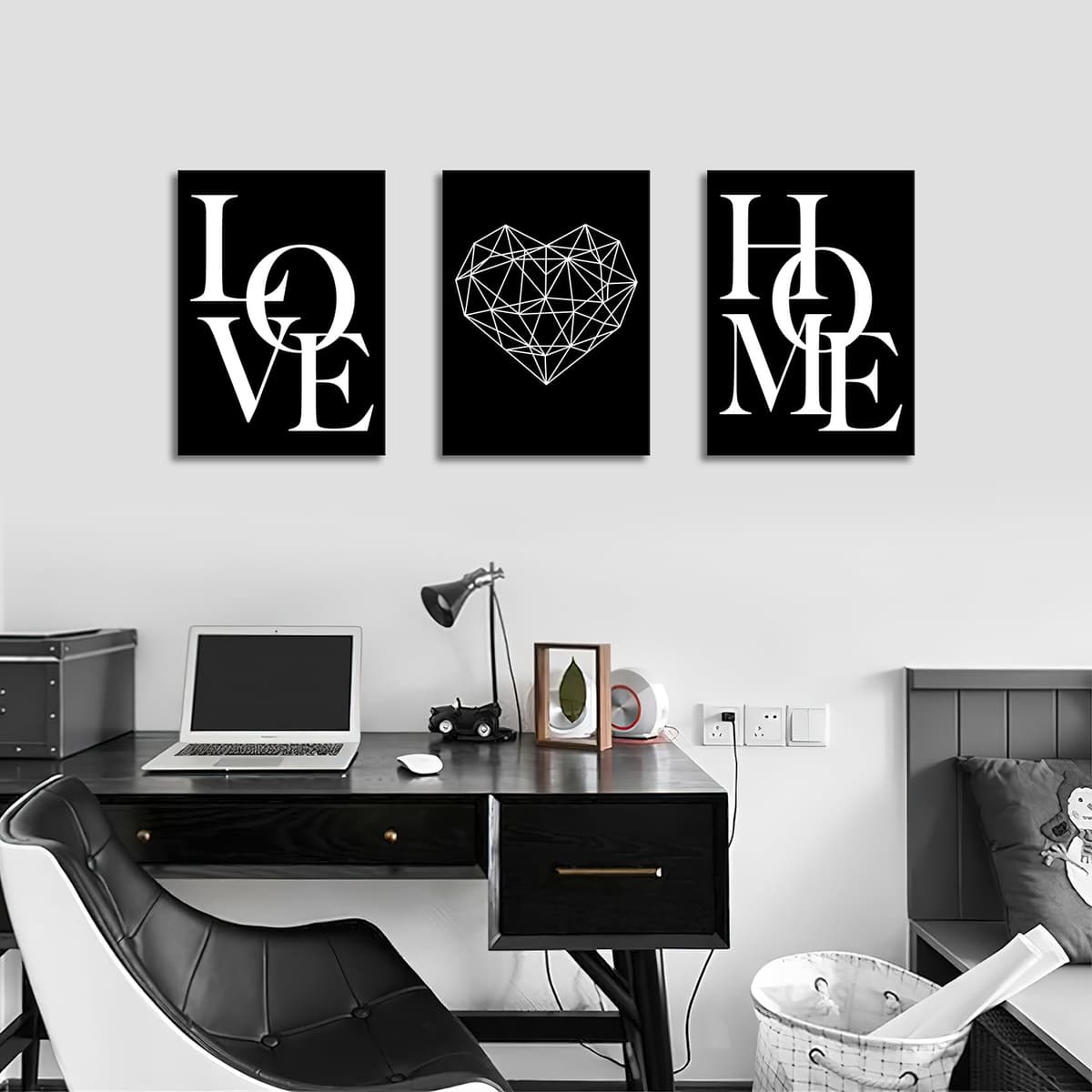 3 Panels Black White Canvas Wall Art Love Home Motivational Quotes Painting on Canvas Print Picture for Living Room Hallway Stairs Bedroom Bathroom Wall Decor Ready To Hang 90x40cm(12"x16"x3pcs) — view 2