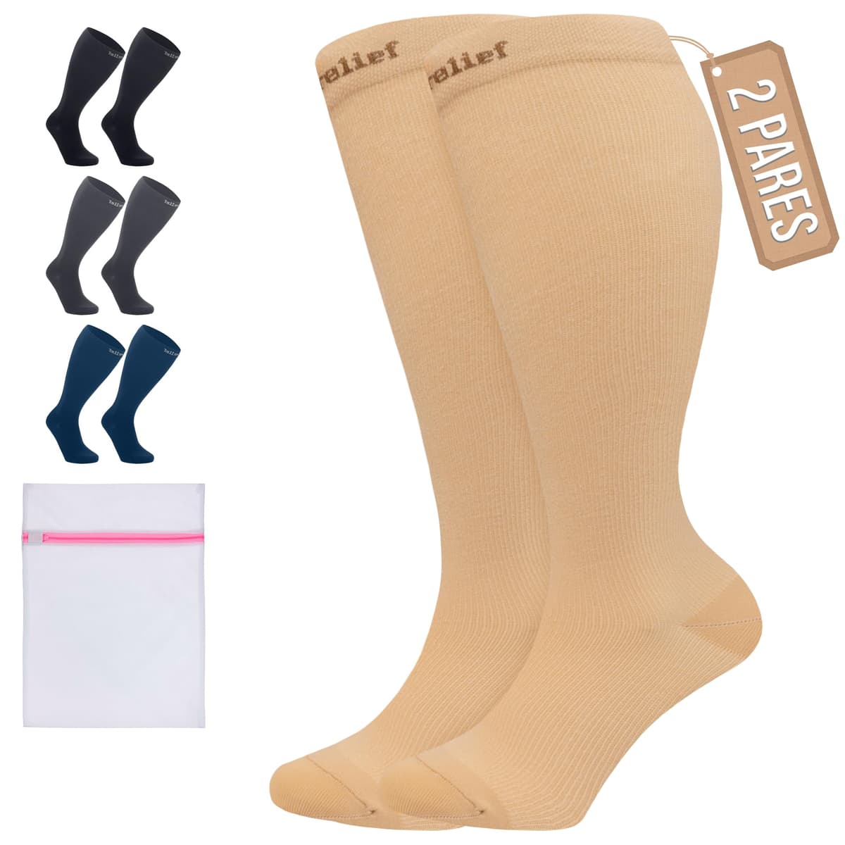 360 Relief Medias de Compresión Mujer y Hombre - 1 Par Calcetines de Compresión para Deportes, Correr, Volar, Viaje, Trabajo, Footing - S/M Beis con Bolsa de Malla — view 83