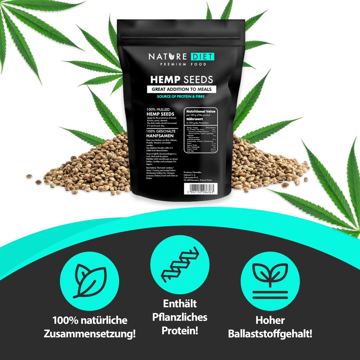 Nature Diet Semillas de Cáñamo 1000g | Peladas | Sin Gluten & Veganas | Ricas en Proteínas y Fibra | Fuente de Omega 3 & 6 | Superalimento para una Nutrición Diaria — view 3