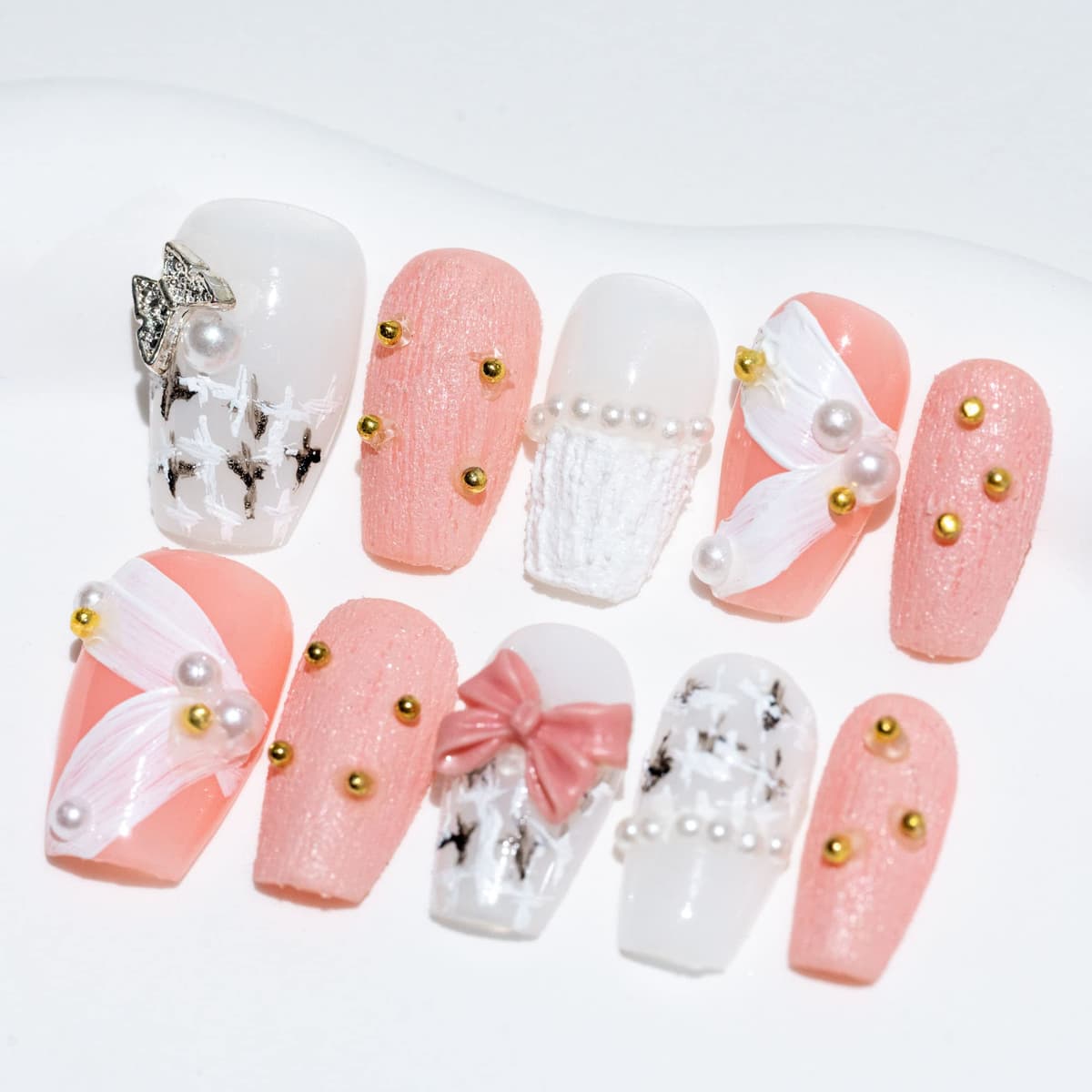 Sun&Beam Nails Handmade Press On Nail Long Coffin Ballerina Pink Flower Acrylic Fake Tip 3D Design Art Charms Cute with Storage Box 10 Pcs (S) — view 204