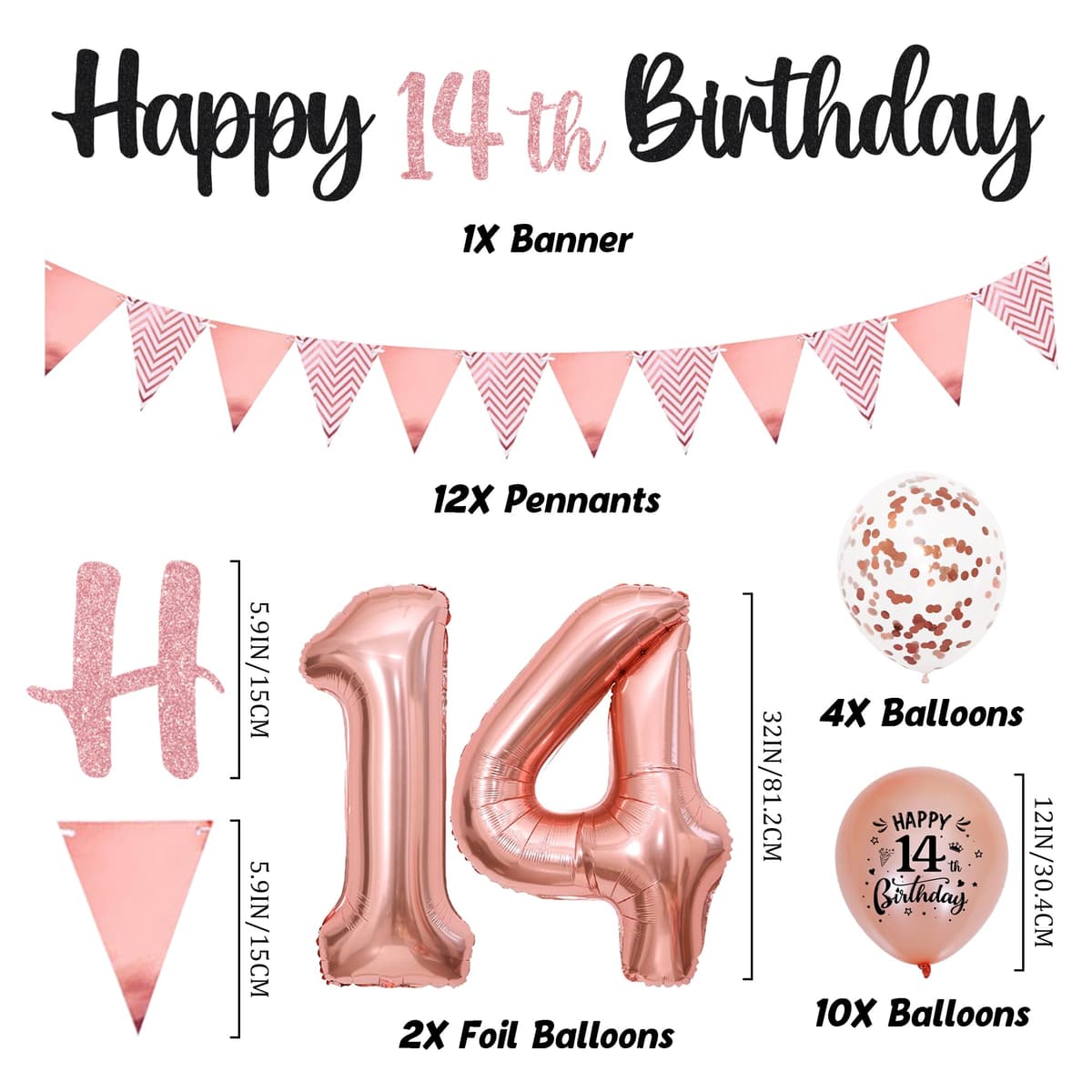 14th Birthday Decorations for Boys Girls - Black Rose Gold Glitter Happy 14th Birthday Letter Banner and Pennant Flags, Number 14 Foil Balloons and Hanging Swirls for 14 Years Old Children Party — view 2