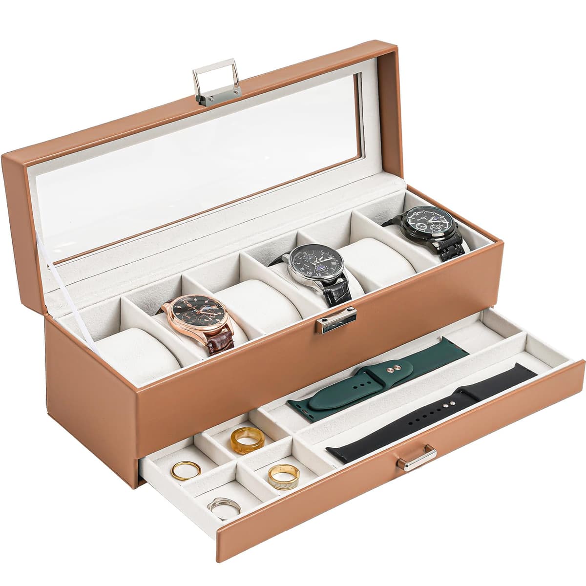ProCase Caja de Relojes de 6 Ranuras con Cajón, Funda Organizadora de Reloj de 2 capas con Tapa de Cristal, Estuche de Almacenamiento para Hombres y Mujeres -Negro — view 19