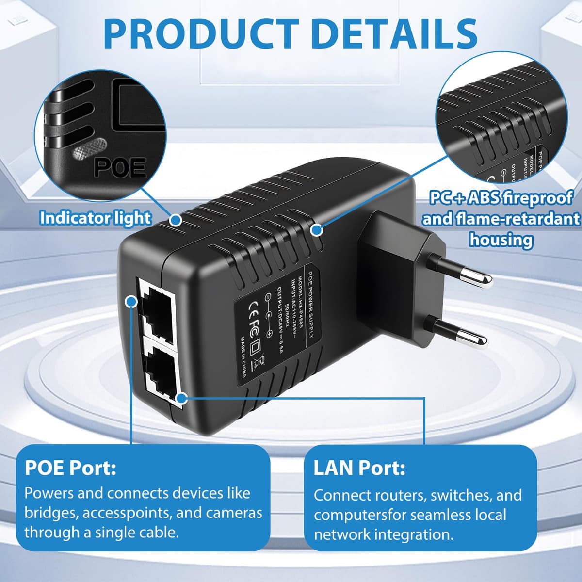 48V 0,5A Inyector PoE, 100 Mbps Adaptador Inyector PoE con Enchufe Europeo, Enchufe de Pared Adaptador Ethernet Plug and Play para Conmutador de Red, Cámara IP, WAP y Teléfonos VoIP — view 3