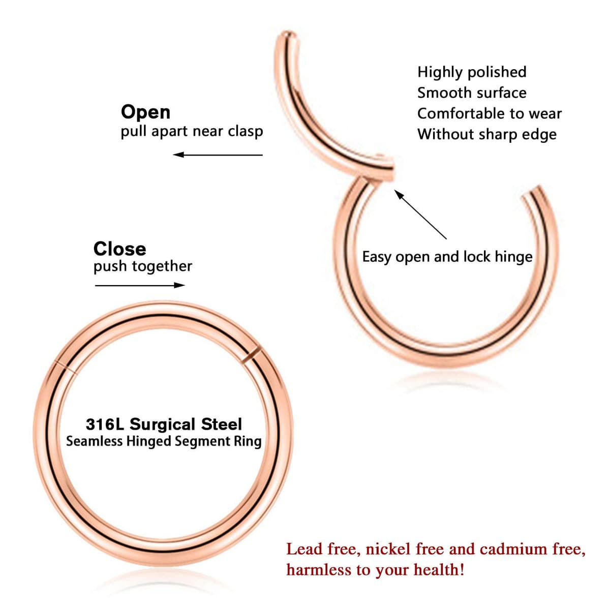 AROWRO 316L Surgical Steel Hinged Nose Rings Hoop 20G 18G 16G 14G 12G 10G 8G 6G 4G Seamless Piercing Rings for Nose Septum Cartilage Helix Tragus Conch Rook Daith Lobe Diameter 6mm to 14mm — view 4