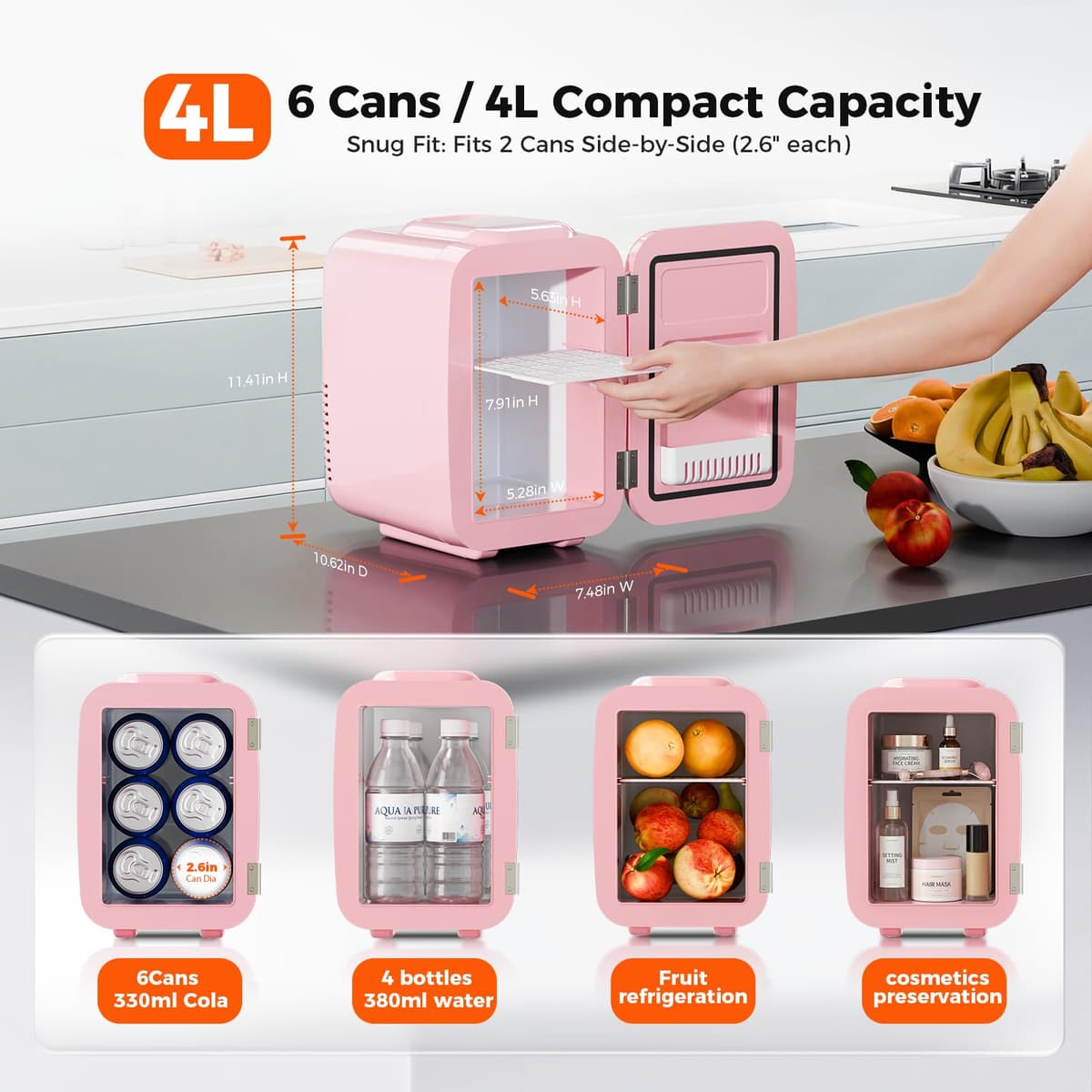 YASHE Mini Fridge, 4 Liter/6 Cans Portable Cooler and Warmer, AC/DC Power Small Fridge, Quiet Desk Skincare Fridge for Beauty Drinks Medicine, Mini Fridge for Bedrooms Office Dorm Car Travel, Pink — view 5