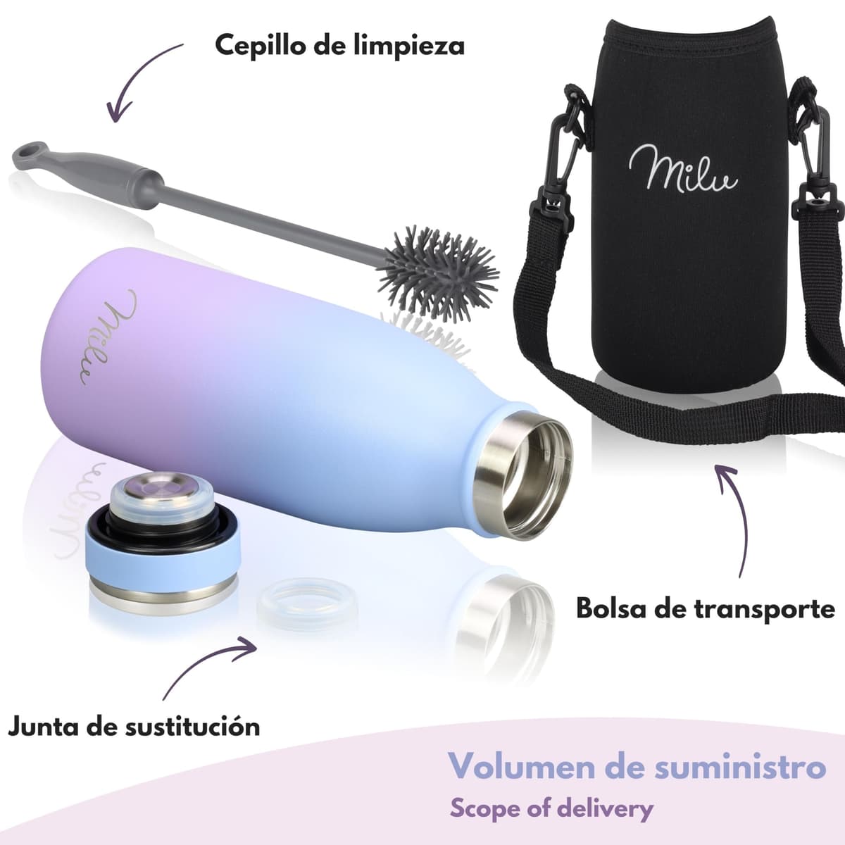 Milu Botella de acero inoxidable de 350ml 500ml 750 ml 1 L 1,5 L botella de agua aislada, termo a prueba de fugas, doble pared, apta para ácido carbónico + cepillo de limpieza (Azul Violeta, 350ml) — view 5