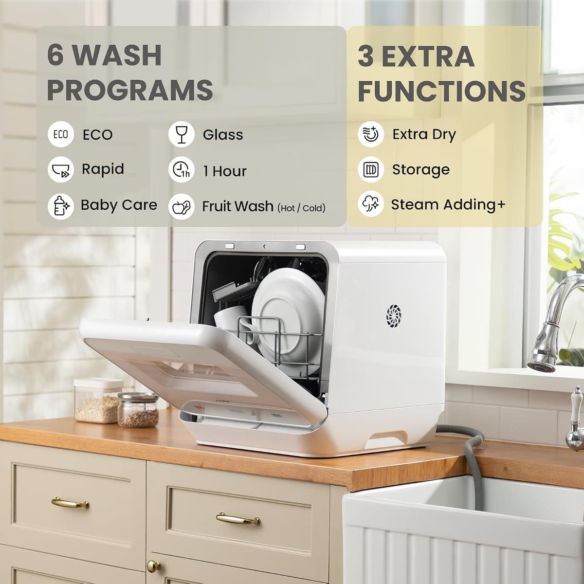 COMFEE‘ Table Top Dishwasher, Mini Countertop Dishwasher with 6+3 Programs, Steam Wash, Baby Care & Fruit Wash, No plumbing, Delay Start, 72H Storage, Perfect for Singles or Couples — view 2