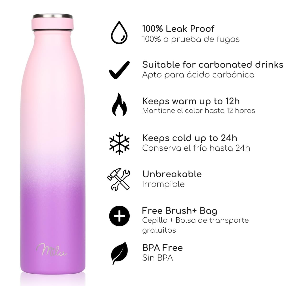 Milu Botella de acero inoxidable de 350ml 500ml 750 ml 1 L 1,5 L botella de agua aislada, termo a prueba de fugas, doble pared, apta para ácido carbónico + cepillo de limpieza (Azul Violeta, 350ml) — view 132