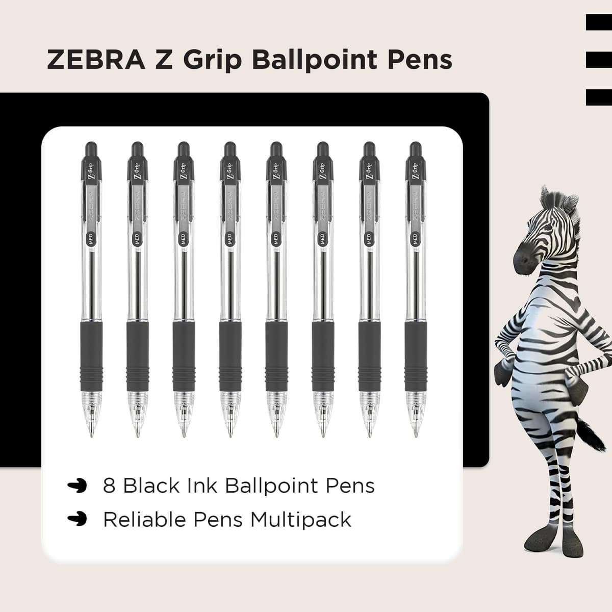 Zebra Pen Z Grip Black Ballpoint Pens with Pocket Clip 8pk, Retractable Black Ink Ballpoint Pens, Reliable Black Biro Pens Multipack for Everyday Use Design, New Pack Size 8pk — view 2