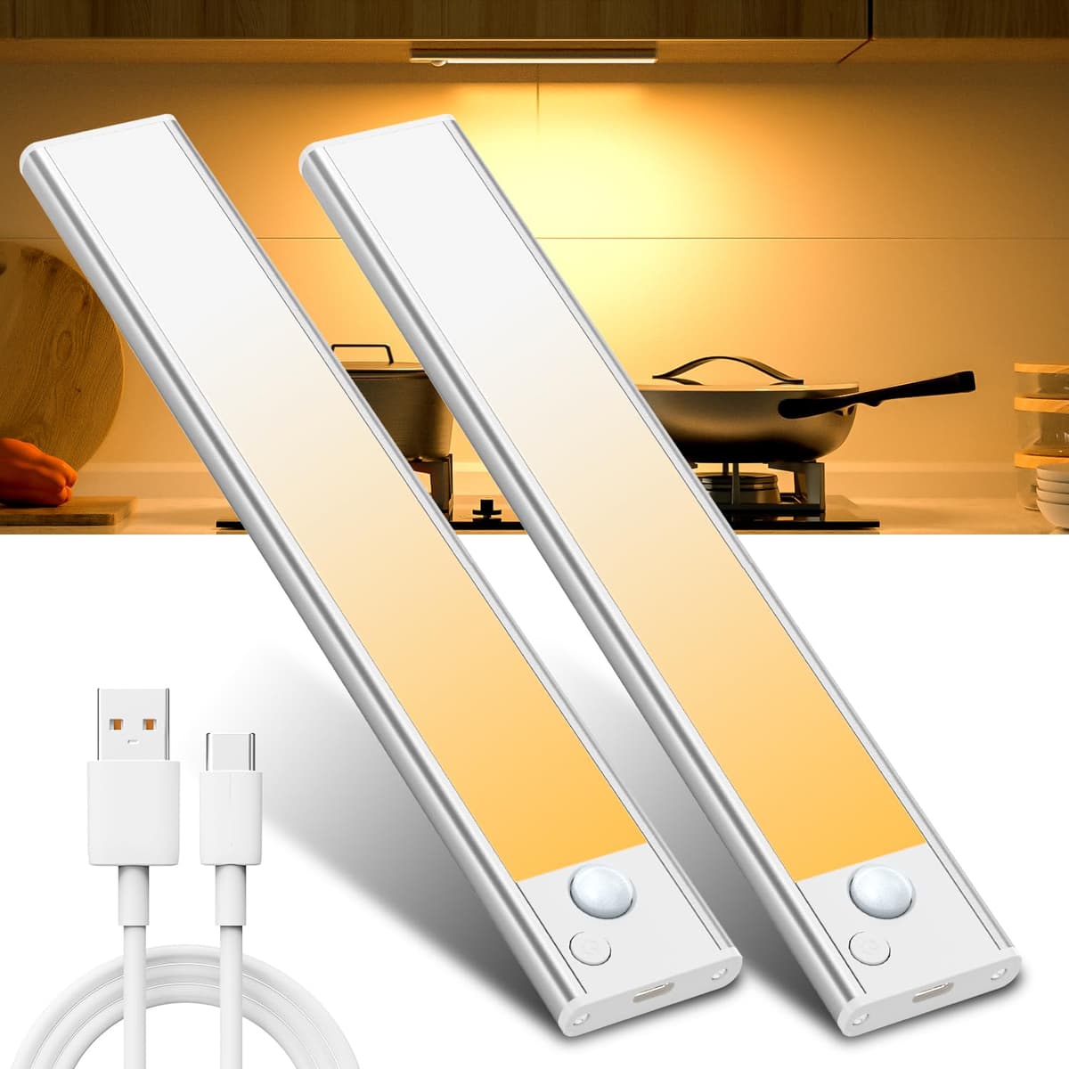 Under Cabinet Kitchen Lights Cupboard - LED Motion Sensor Light Indoor - 1100mAh Rechargeable Battery Operated - Wardrobe Strip Lighting Magnetic Stick Wireless USB Powered Shelf Stairs Counter Closet — view 9