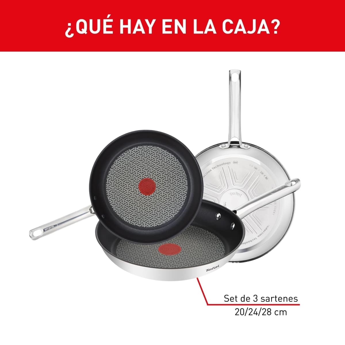 Tefal Duetto - Juego de Sartenes de 20/24/28 cm, Apto inducción, antiadherente, revestimiento titanio, Thermo-signal, apto lavavajillas y horno, acero inoxidable — view 2