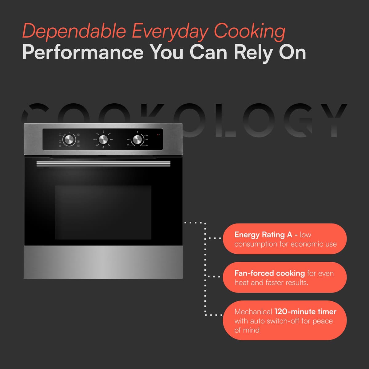 Cookology COF600SS Built-in Electric Single Fan Oven in Stainless Steel - 65 Litre Capacity - Easy Programmable Timer - Minute Minder — view 5