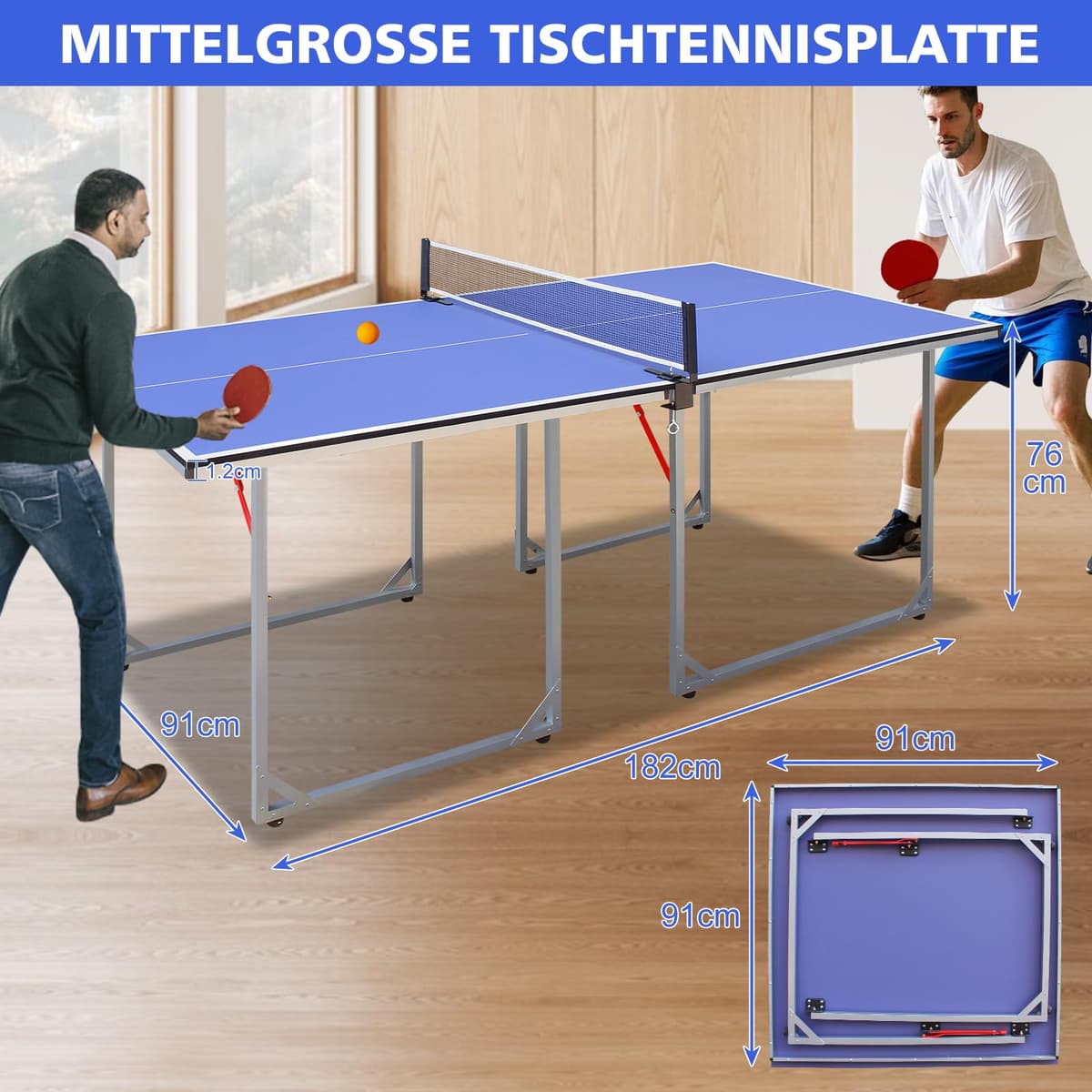 GYMFLEX Mesa de ping pong plegable, 182 cm x 91 cm, mesa de ping pong multifuncional, incluye red, 2 raquetas de ping pong y 3 pelotas — view 2