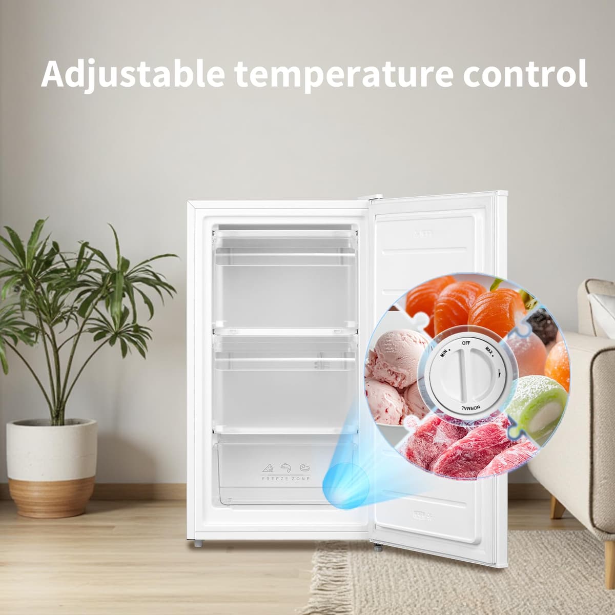 COMFEE' RCU60WH2(E) 60L Freestanding Under Counter Upright Freezer, 4-Star Freezer up to -24°C, 3 Storage Compartmen, Adjustable Thermostat, Reversible Door, White — view 8