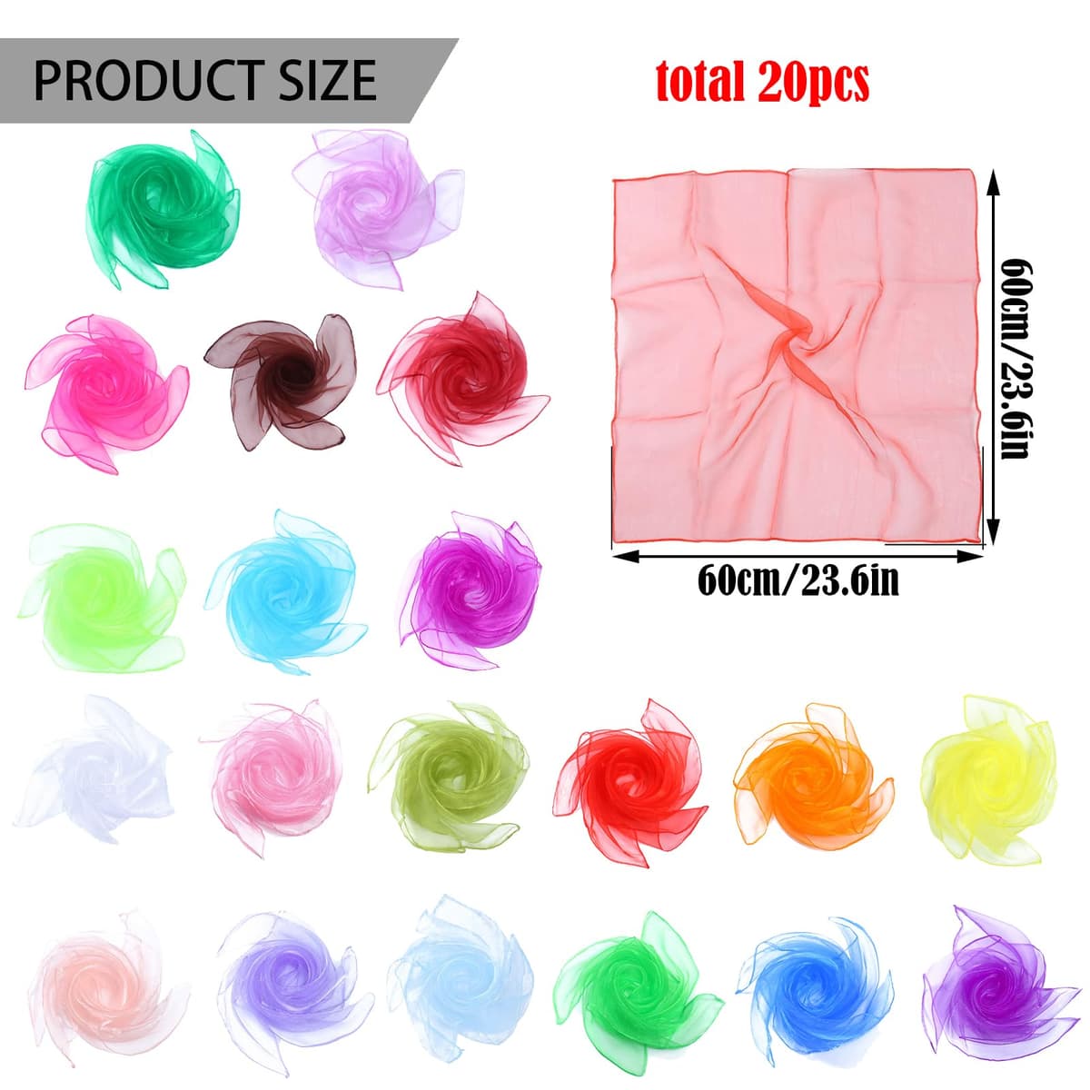 Genérico 20 Pañuelos de Malabares, Pañuelos de Colores, Pañuelos de Baile, Bufandas Malabares Pañuelos Mágicos para Fiestas Infantiles y Juegos Malabares 60 x 60 cm — view 2
