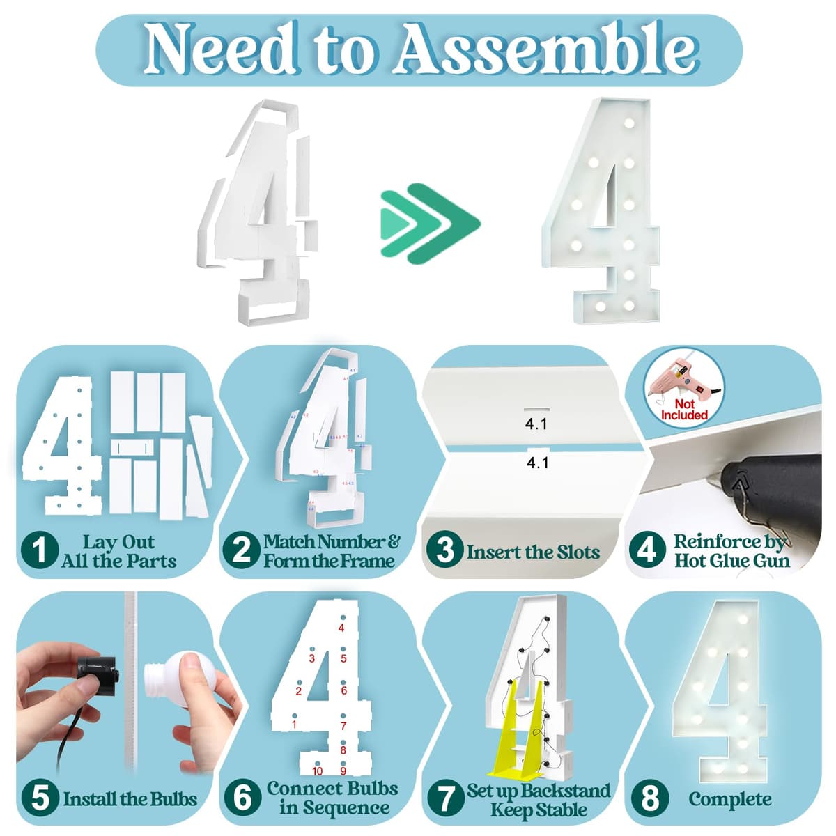 4FT Light Up Numbers Birthday Decoration Large Marquee Numbers 4 for 4th 40th Birthday Party Decor Wedding, Big Number Frame Foam Cardboard Mosaic Arch Stand Pre-cut Numbers — view 2