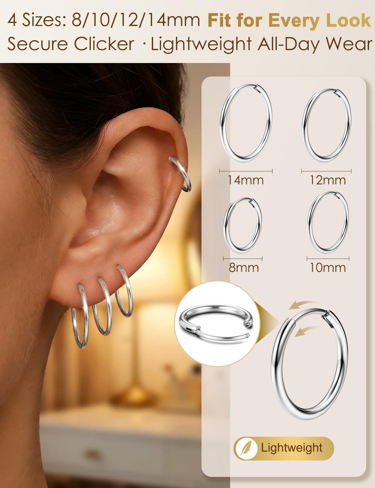 MILACOLATO Pequeños Pendientes de Aro de Plata/Oro para Mujer Hombre Hipoalergénico 316L Acero Quirúrgico Cartílago Tragus Helix Sleeper Pendientes de Aros con Bisagras 16G Piercing en la nariz — view 2