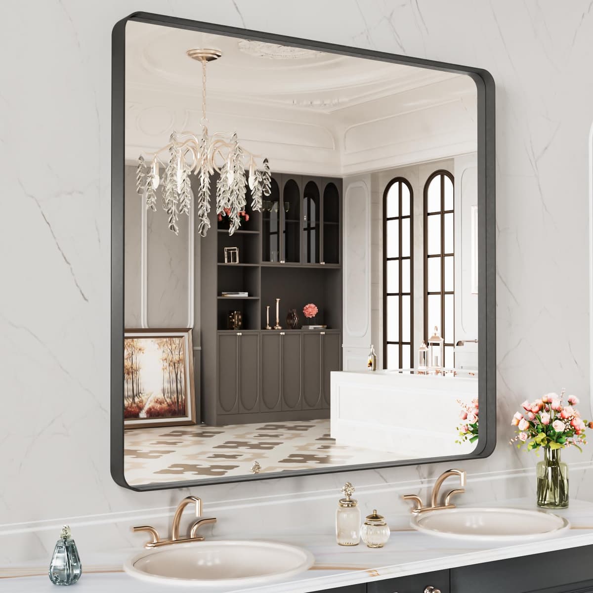 LOAAO 48”X36” Gold Bathroom Mirror, Rounded Rectangle Gold Frame Mirror, Brushed Gold Bathroom Vanity Mirror Wall-Mounted, Anti-Rust, Tempered Glass, Hangs Horizontally or Vertically — view 69
