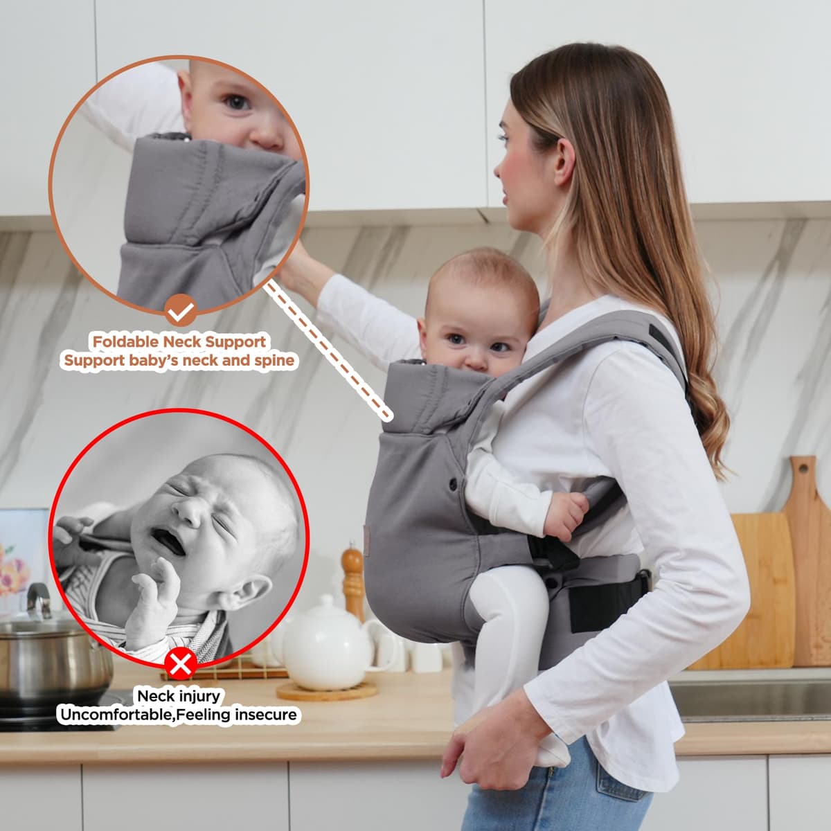 GAGAKU Baby Carier - Portabebés ligero y ergonómico para niños pequeños de 7 a 33 libras, suave y transpirable 4 en 1 con soporte para la cabeza, fácil de llevar, comodidad manos libres, color gris — view 4