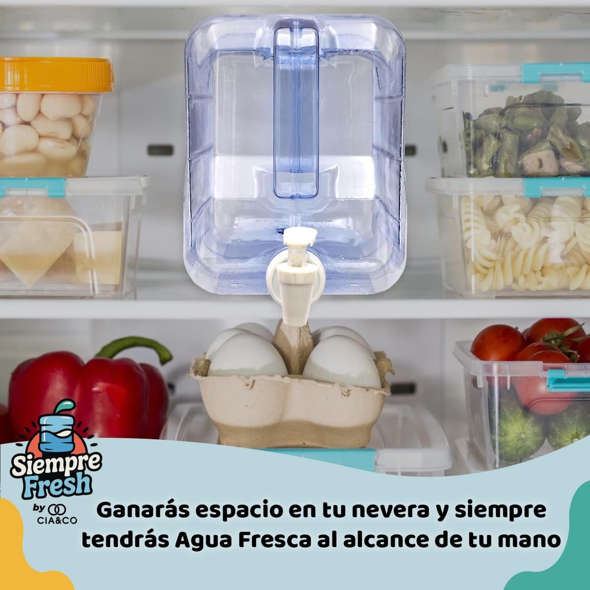 Dispensador de Agua Fría para Nevera 5,6 L by Cia&Co | Garrafa compacta 33,5x21x12,5 con Asa Ergonómica, Grifo de Doble Función y Tapón - Reutilizable y Duradera, Bebidas Frías en Casa, Playa, Camping — view 2