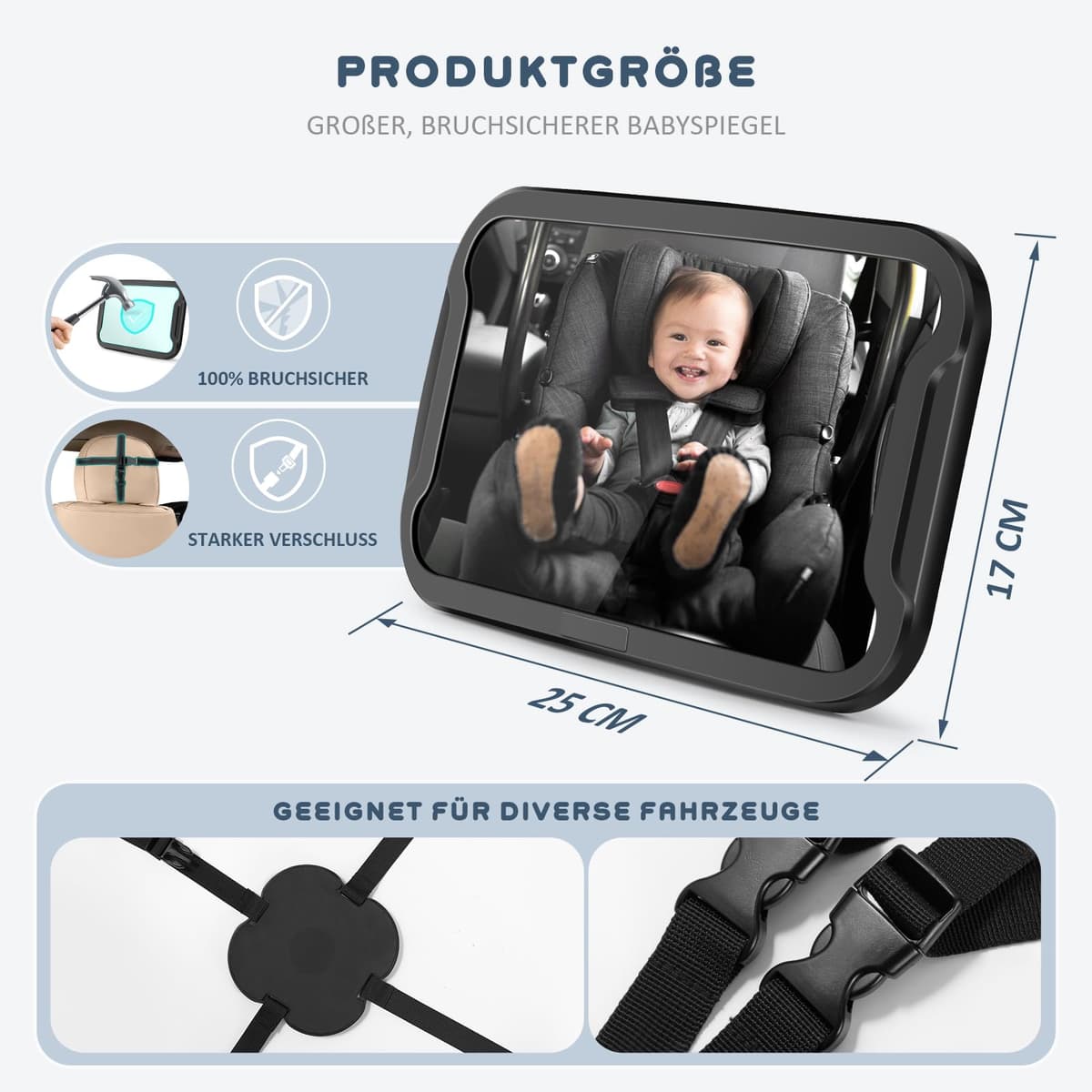 Vinabo Baby Car Mirror, Anti-dropout Baby Mirror with 360° Adjustable Rotation, Unbreakable to Fit All Rear Car Seats Essential Young Parents, 27.5 * 17.5, Black — view 3