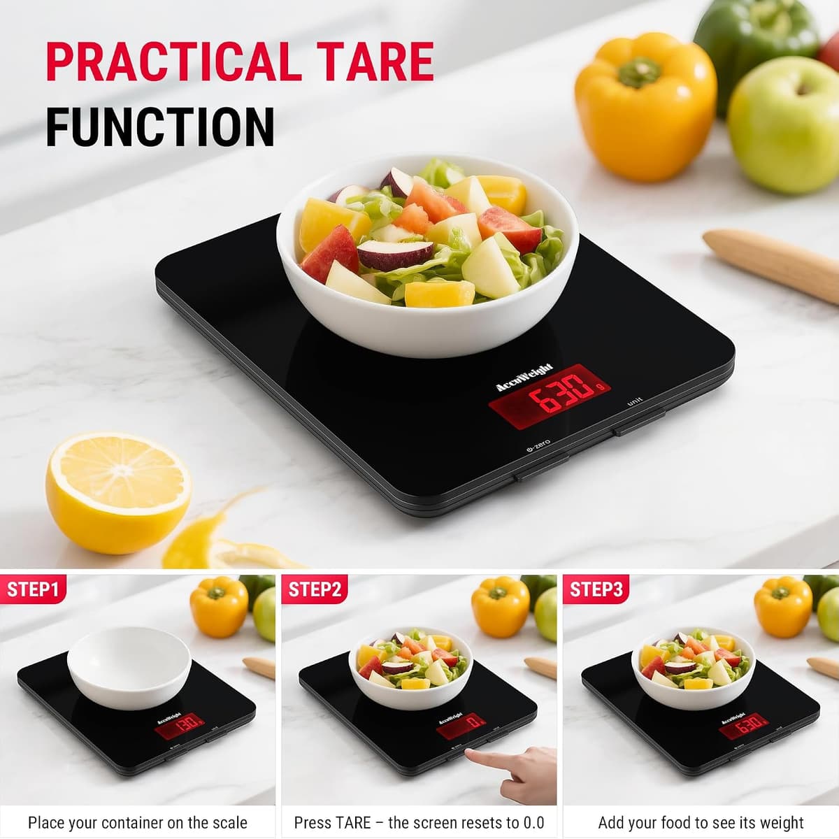 ACCUWEIGHT 201 Digital Kitchen Scales with Tempered Glass Platform (Batteries included), Electronic Weighing Food Scale with Backlit LCD, Multifunction for Office School Home Baking Cooking, 5kg/11lb — view 4