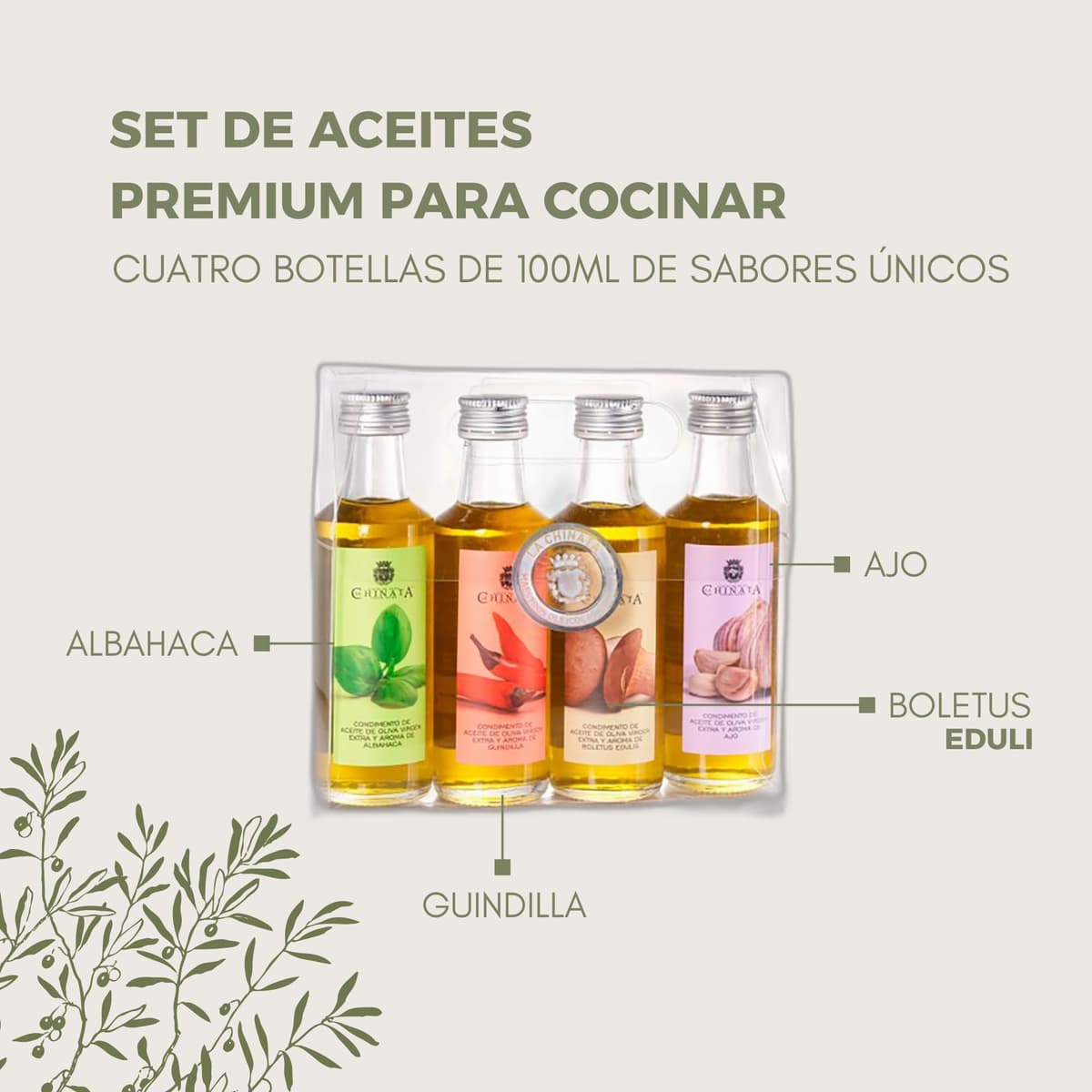 La Chinata Estuche 4 Condimentos con AOVE | Selección de Aceites de Oliva Virgen Extra Aromatizados (Albahaca, Guindilla, Boletus y Ajo) | Pack Gourmet | Regalos | 4x100ml — view 2