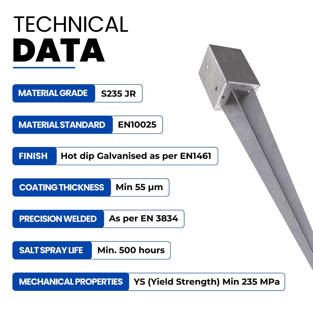 GeZu Impex Post Support 71 x 71 x 750 mm Hot Dip Galvanised Set of 16 fence Holder Anchor spike ground sleeve — view 4