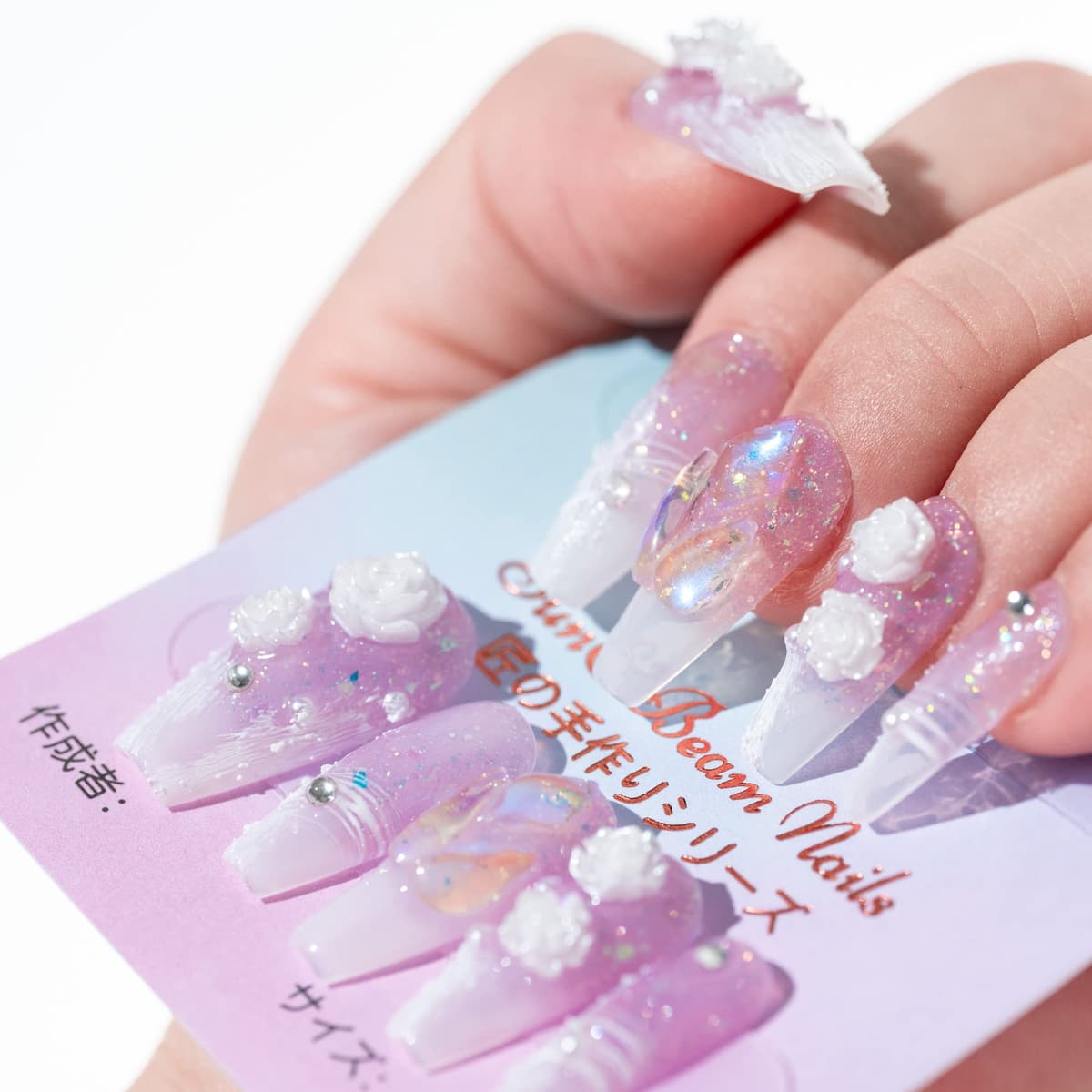 Sun&Beam Nails Handmade Press On Nail Long Coffin Ballerina Pink Flower Acrylic Fake Tip 3D Design Art Charms Cute with Storage Box 10 Pcs (S) — view 312