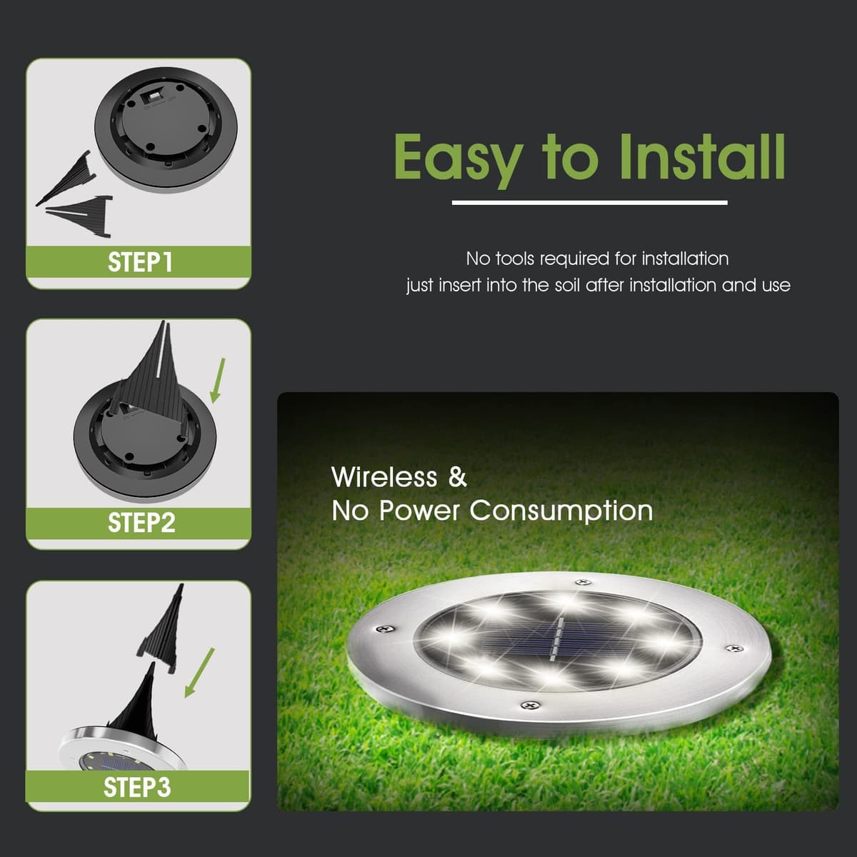 FLOWood Solar Lights Outdoor Garden, 8 H Working 600mAh Solar Floor Lights Outdoor Solar Ground Lights IP65 Waterproof 8 LED Solar Path Lights for Garden Lawn Pathway Patio White 8 Pieces — view 5