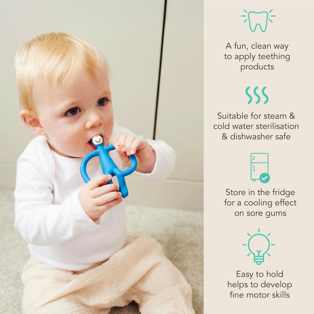 Matchstick Monkey, Original Teether & Gel Applicator, Antimicrobial Silicone Teething Toys for Baby, Easy to Grip, BPA Free, 3 Months Old+, 10.5 cm, Blue Monkey — view 4