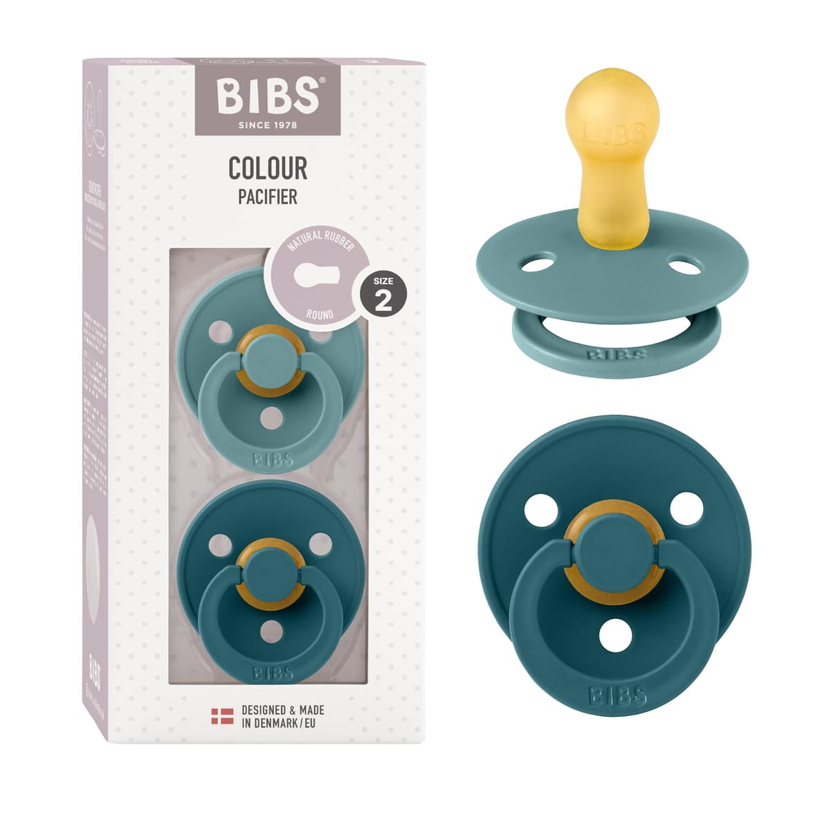 BIBS Colour Soother 2-Pack, BPA Free Dummy Pacifier, Round Nipple. Natural Rubber Latex, Size 2 (6-18 Months), Sky Blue/Steel Blue — view 91