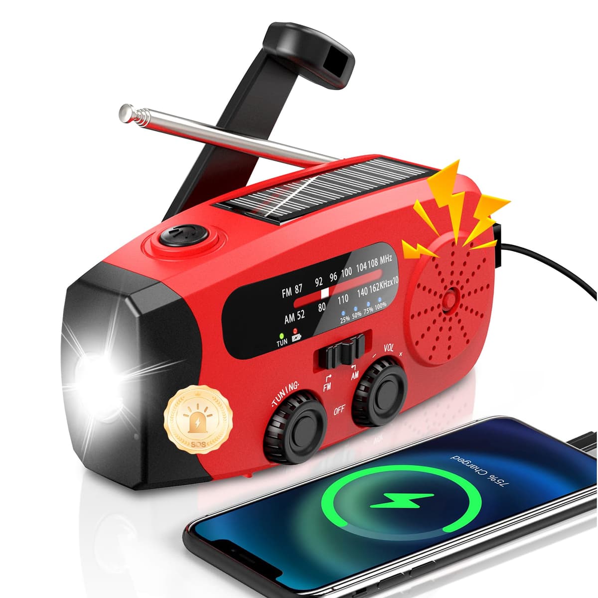 10000mAh/37000mWh Wind Up Solar Radio, AM/FM Hand Crank Emergency Weather Radio, 4 Charging Methods, Polymer Battery, Flashlight & Reading Lamp, SOS Alarm, Phone Charger for Emergency, Green — view 9