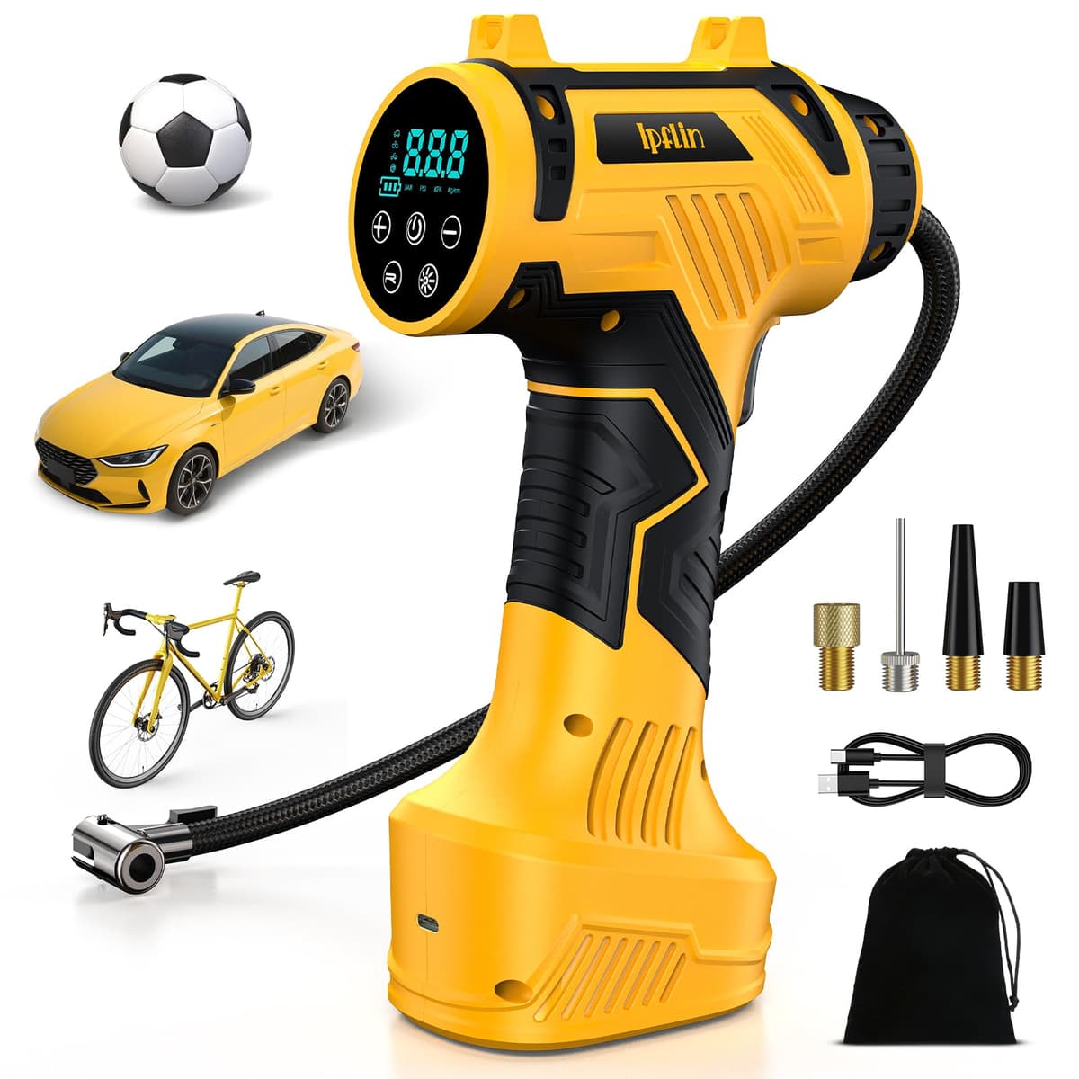 Ipflin Inflador Ruedas Coche 150PSI - 22L/min Compresor Aire Portátil Recargable, Inflador Eléctrico Inalámbrico con Pantalla Digital y Luz LED, 4 Modos Preestablecidos para Coche/Bicicleta/Moto/Balón