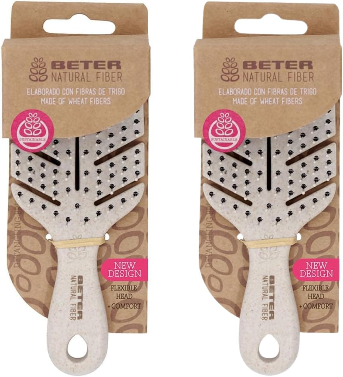 Beter- Pack 2 Cepillos de pelo esqueleto antitirones Natural Fiber MINI hecho con fibras de trigo, Cepillo Desenredante Antienredos y Antirotura, Peinado suave y sin tirones, Todo tipo de cabellos Pack 2 Mini Beige