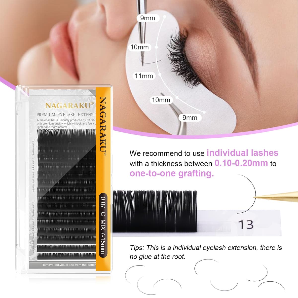 NAGARAKU Extensiones de Pestañas Individuales Clásico 1:1 Pestañas Pelo a Pelo Volumen Lashes Natural Blando Suave Wispy Singel Eyelash Extension Pestañas Postizas Negro 16 Filas(0.07mm C 7-15mm) — view 5