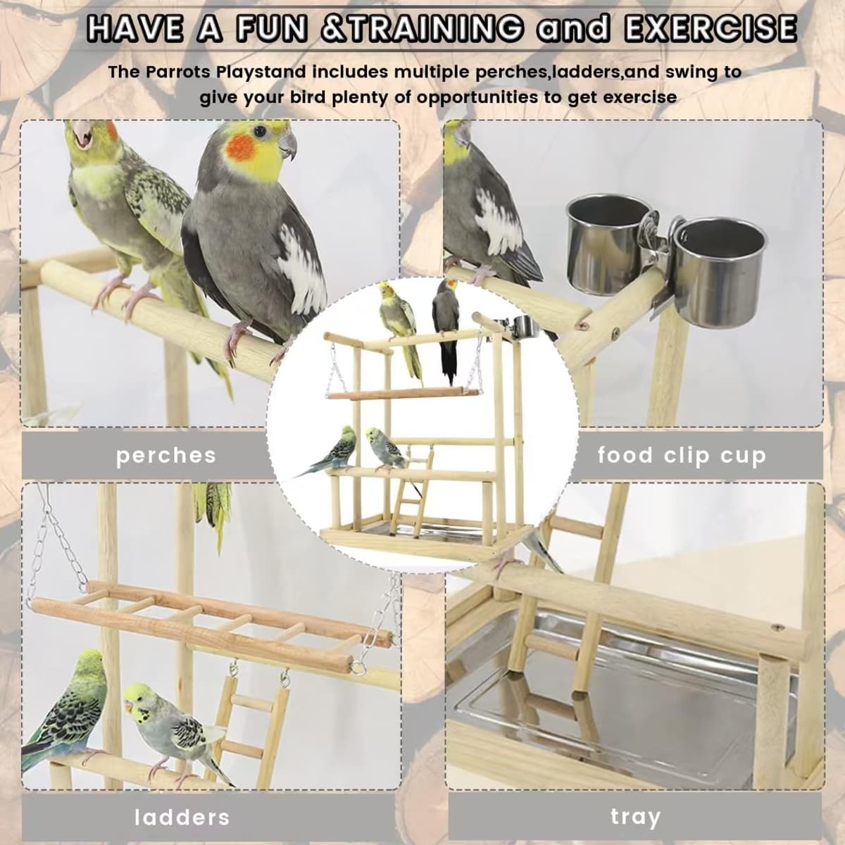 Parque de Juegos para Pájaros Gimnasio para Aves Stand Área de Juego con Soporte Perchas Columpio Escalera Bandeja para Agapornis, Loros, Madera, Tamaño 40x26x45.5 CM — view 4
