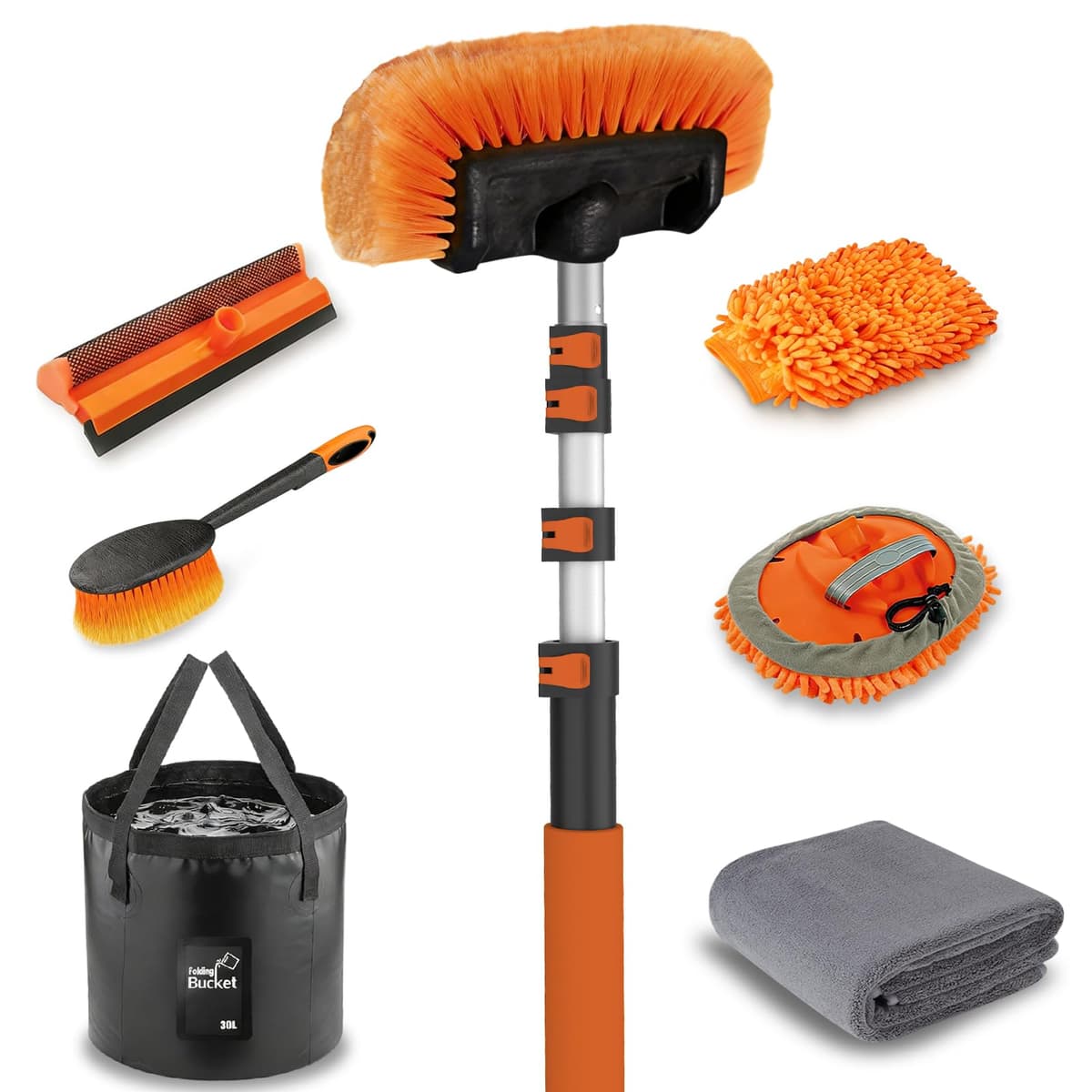 3.6m Car Wash Brush Long Handle, Car Cleaning Brush Kit with Soft Bristle Brush, Microfiber Cleaning Mop, Telescopic Window Cleaner, Mitt, Wheel Brush, Bucket for Caravan, Solar Panel, Boat