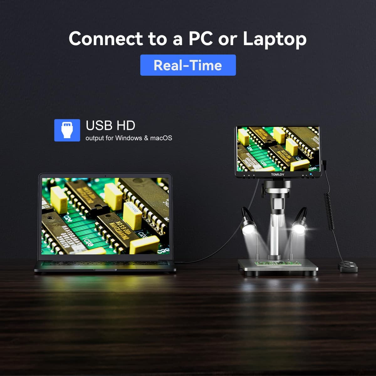 TOMLOV DM9 7" LCD Microscopio Digital 1080P, Cámara de Magnificación 1200X para Piezas con Pantalla HD, 12MP Enfoque de Ultra Precisión, Soporte Metálico, Luz LED, Compatible PC/Windows/Mac OS, 32GB — view 4