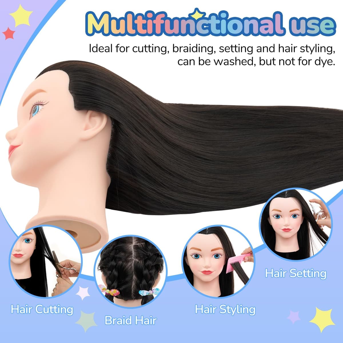 Neverland de 20 pulgadas Cabeza de peluquería 100% de fibra sintética Muñeca peluqueria Cabeza de entrenamiento Cabeza de Muñeca Cabeza peluqueria Cabeza de Maniqui con Soporte& DIY Hair Styling Tools — view 2