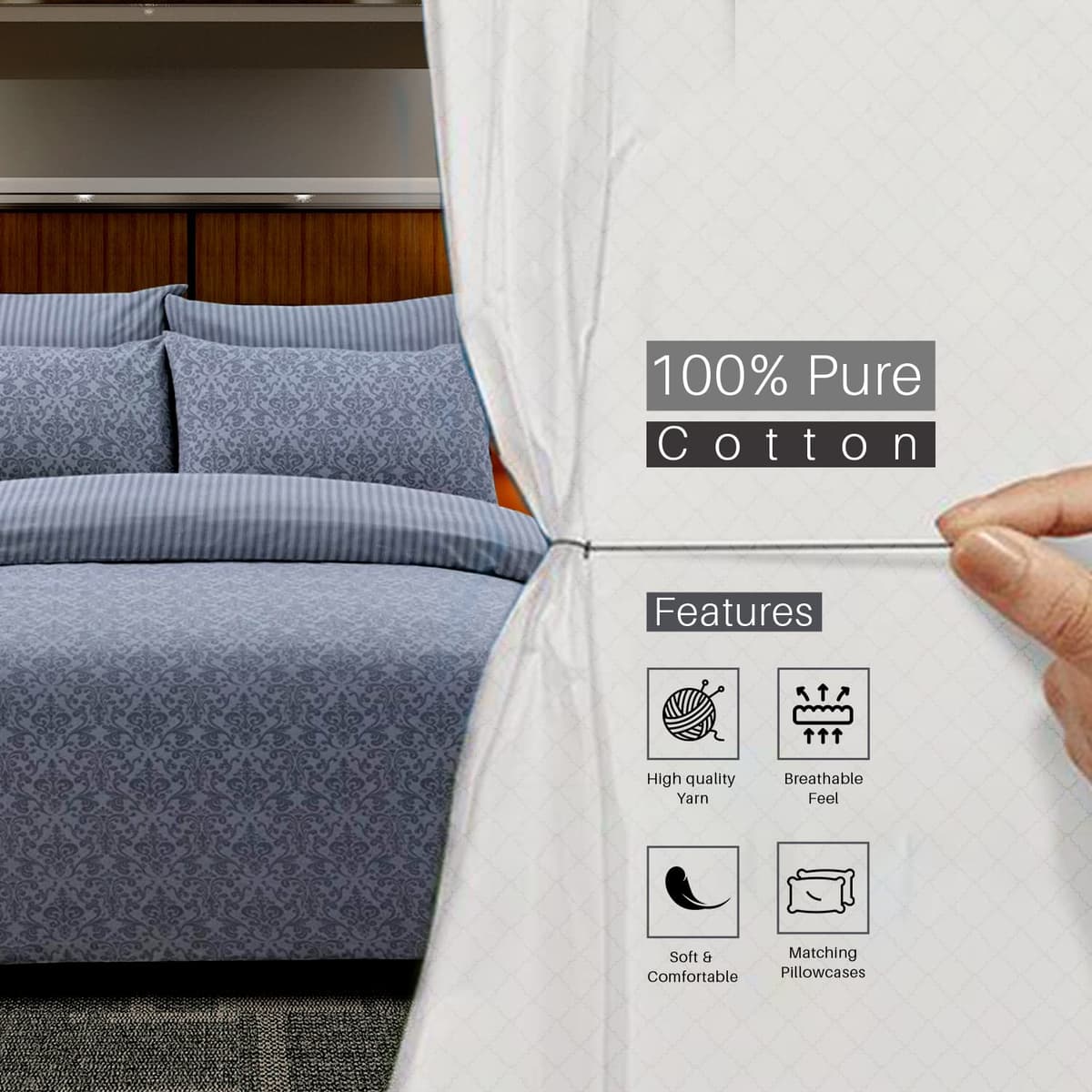DTEX HOMES Double Duvet Set 100% Pure Cotton Reversible Printed Hotel Quality Duvet Cover Ultra Soft Easy Care double bedding Set Super Soft and Luxury Duvet Cover Sets (Balia Silver) — view 4