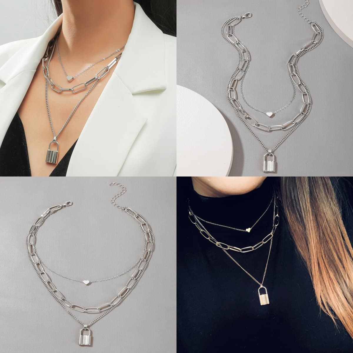 Joyas de Mujer - Set de 18 Piezas: Brazalete Dorado, Cadena y Collar Plata, Gargantilla y Choker Dorado, Bisutería, Joyería y Colgante para Mujeres, Plata — view 5