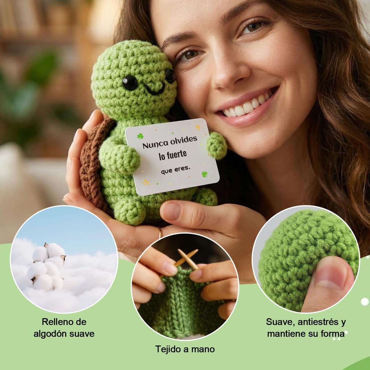 Tortuga Amigurumi Hecha a Mano con Frases Inspiradoras en Español - Peluche Motivacional con Llavero - Regalo Original para Amiga, Novia, Comunión, Cumpleaños o Mujeres -Paciencia y Fuerza (TORTUGA) — view 3